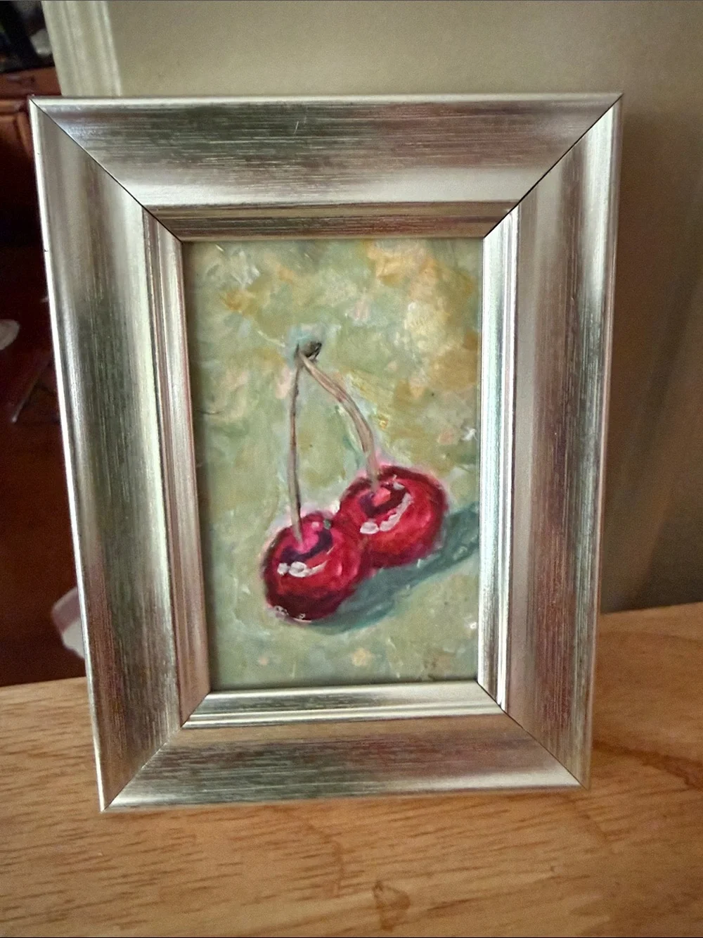 Hand-Painted Cherry Mini Art in Silver Frame